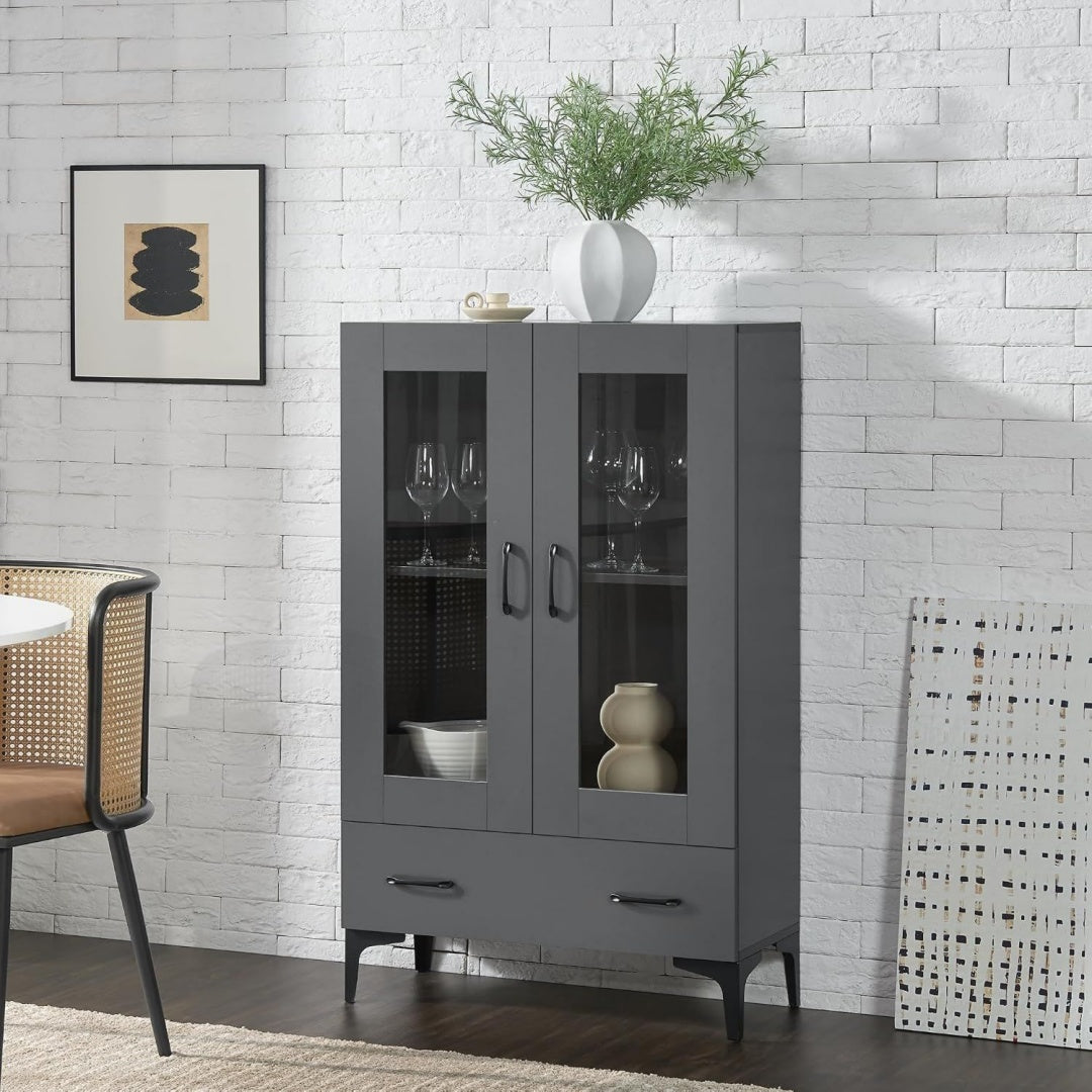 Credenza da soggiorno con cassetti con vetro grigio scuro